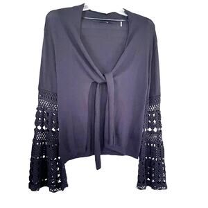 Kobi Halperin Black Tie Front Crochet Flare Bell Sleeve Knit Cardigan Size Small